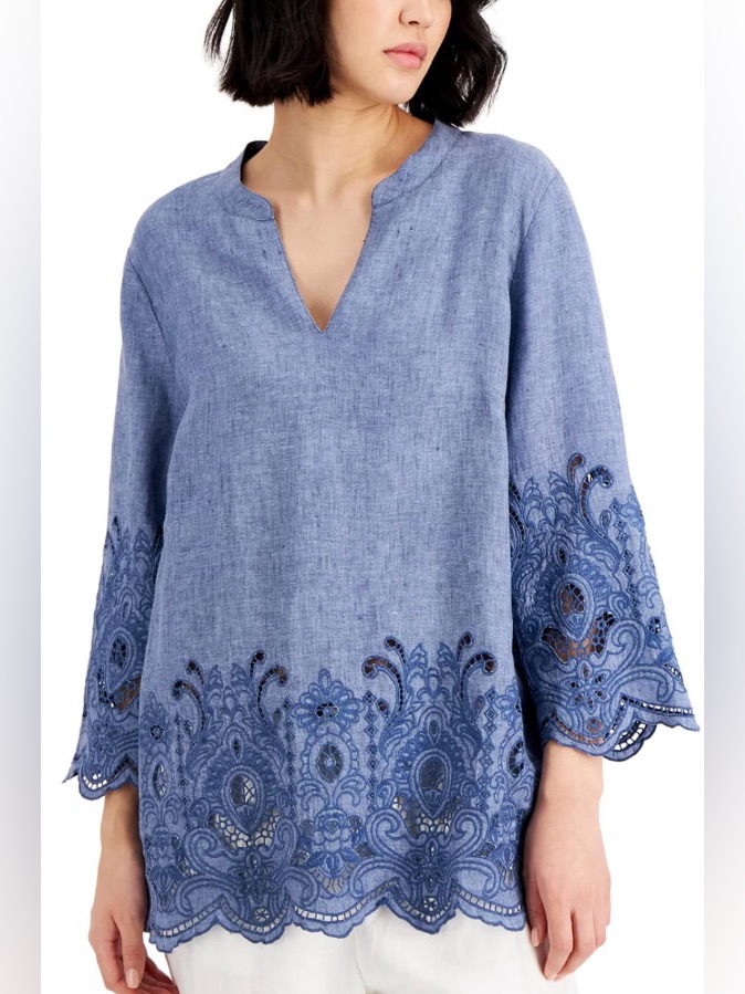 Charter Club 100% Linen Chambray Blue Embroidered Split-Neck Short Sleeve Top